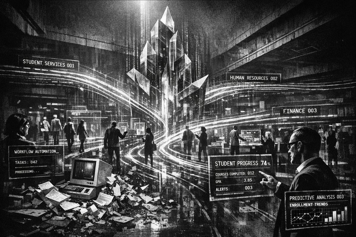 Modern university campus with digital technology interfaces overlaying traditional buildings, representing the fusion of classic education with cutting-edge technology systems