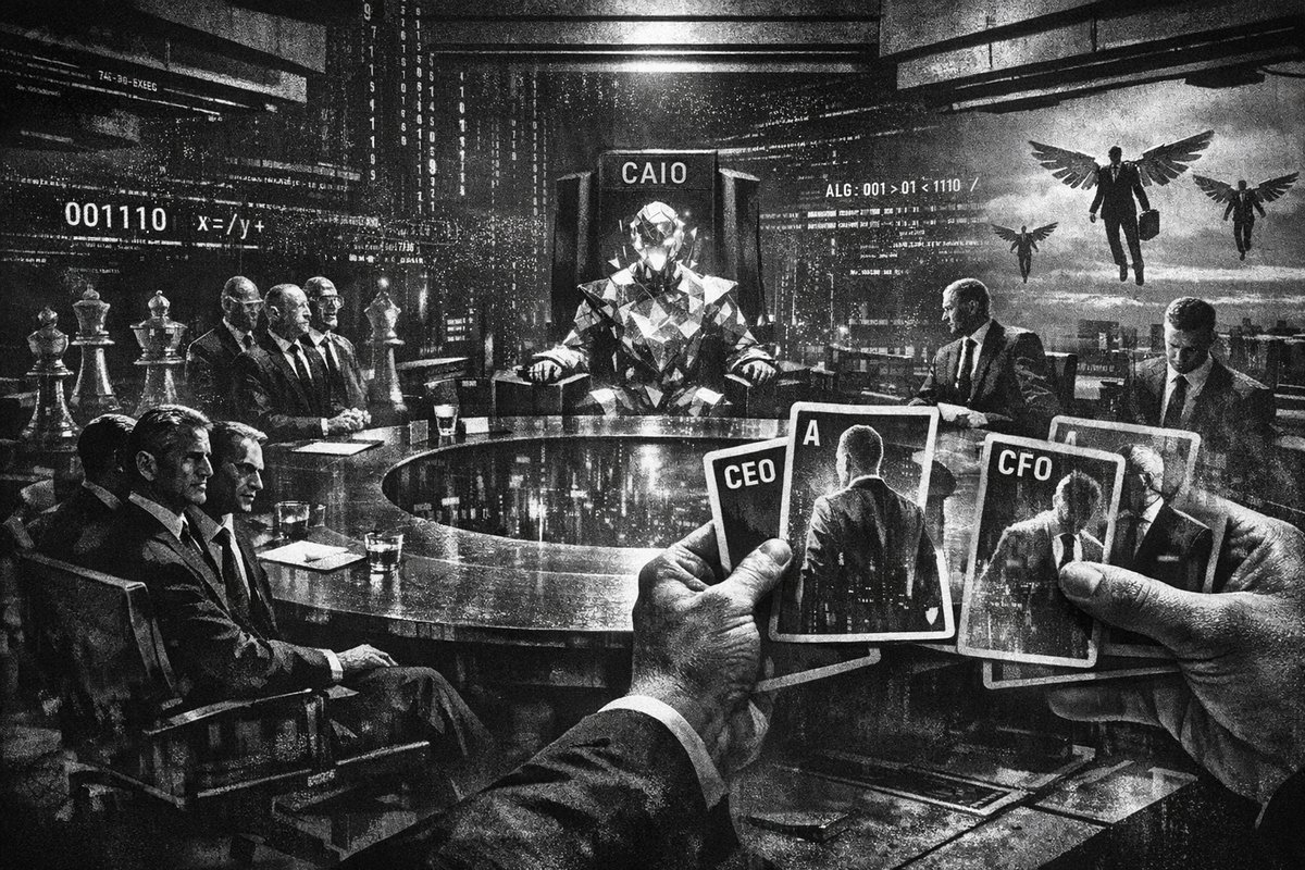 Modern corporate boardroom with diverse executives discussing AI strategy around a conference table with digital screens showing data analytics