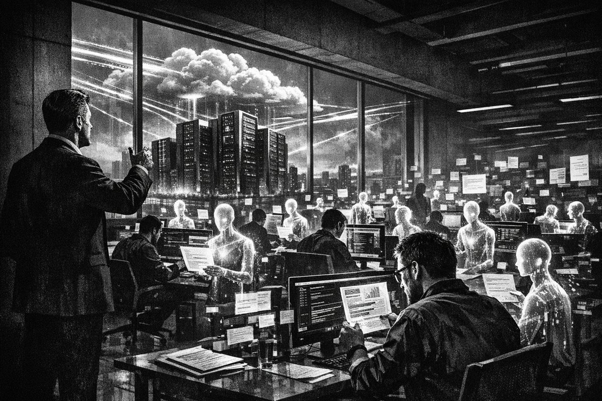 Abstract visualization of AI network connections flowing from developer workstations to enterprise-wide deployment across office workers