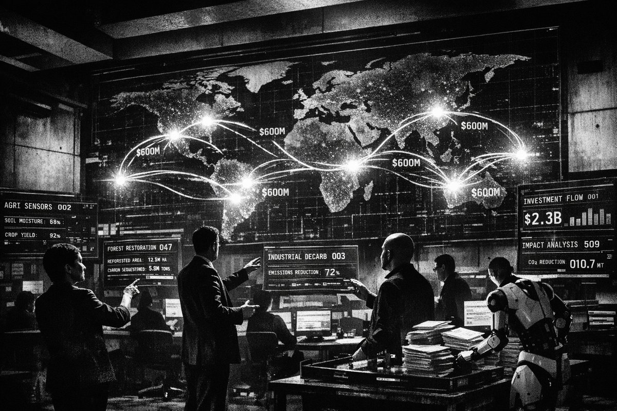 Digital visualization of global climate finance flows connecting emerging market regions with investment capital and green technology solutions