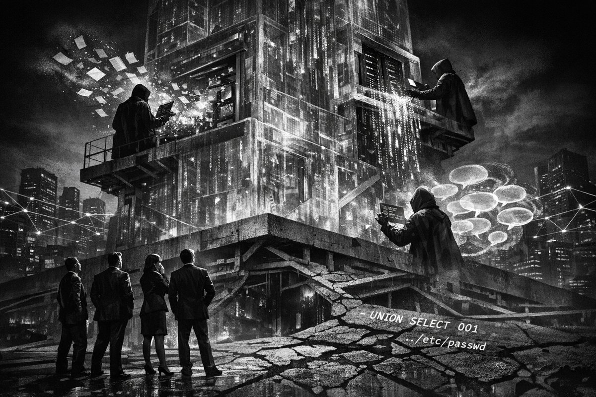 Abstract visualization of interconnected AI framework nodes with security warning symbols highlighting vulnerabilities in the network structure