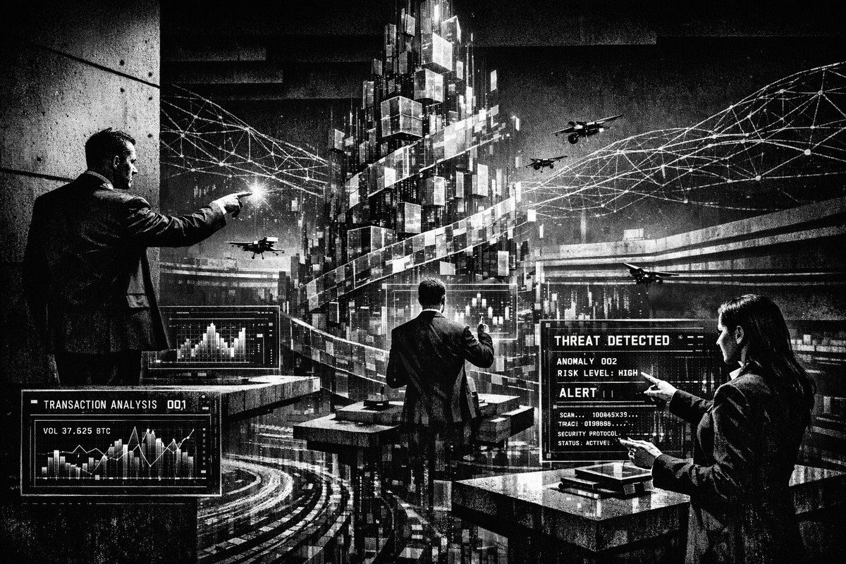 Abstract visualization of blockchain network nodes connected by AI analysis pathways with cryptocurrency symbols and data streams