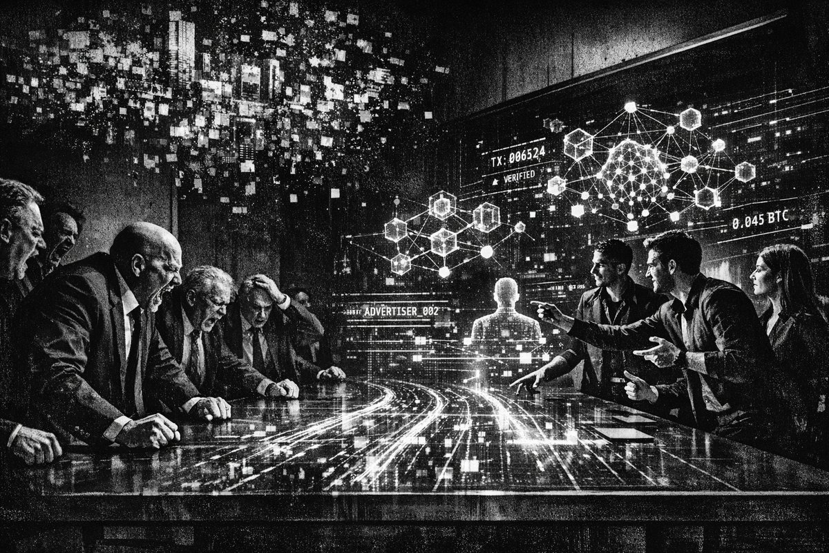Futuristic digital advertising network visualization with AI and blockchain elements, representing Gency AI's revolutionary advertising infrastructure