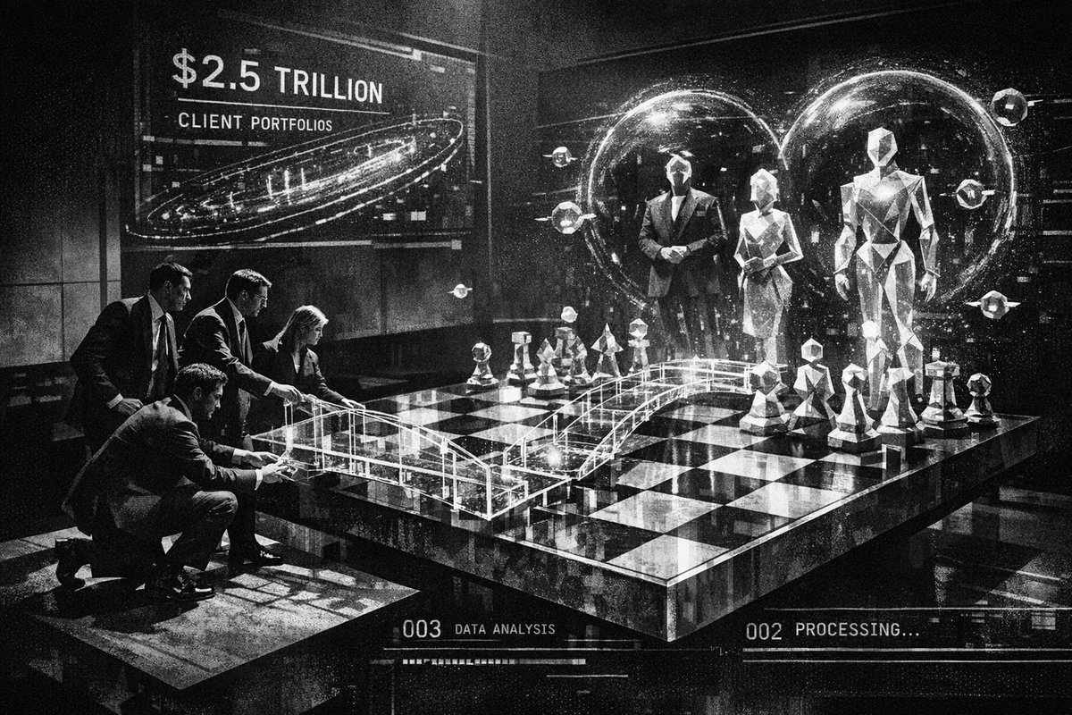 Edward Jones financial advisor meeting with clients in office while AI-powered devices sit nearby, representing the battle between human and artificial intelligence in wealth management