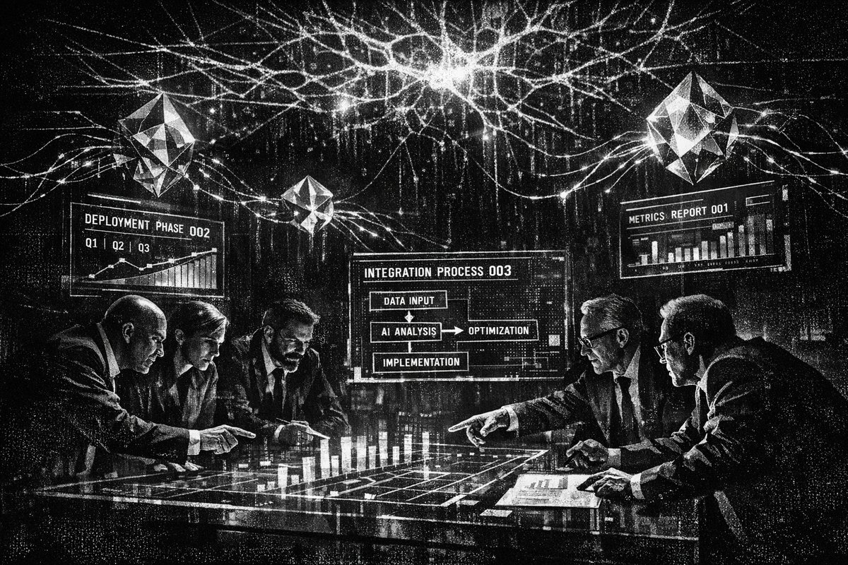 Business executives reviewing AI implementation data and charts on digital displays in modern corporate boardroom