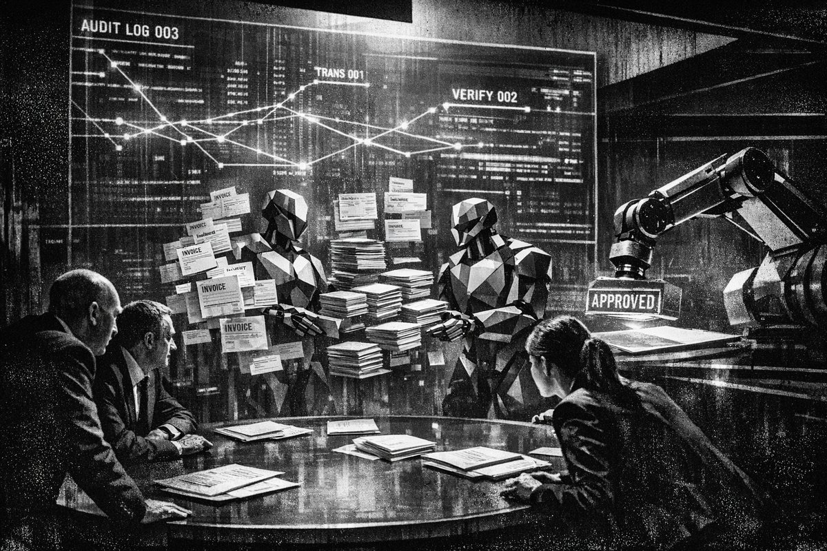 Modern office workspace showing financial professionals using AI-powered automation tools with audit documents and compliance dashboards on multiple screens