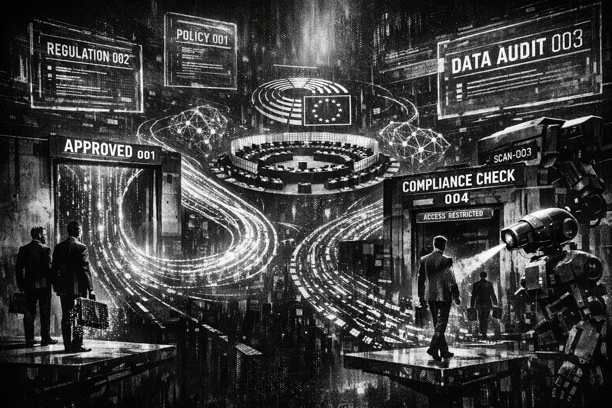 European Union flag with digital AI circuit patterns overlaid, representing the intersection of European governance and artificial intelligence regulation