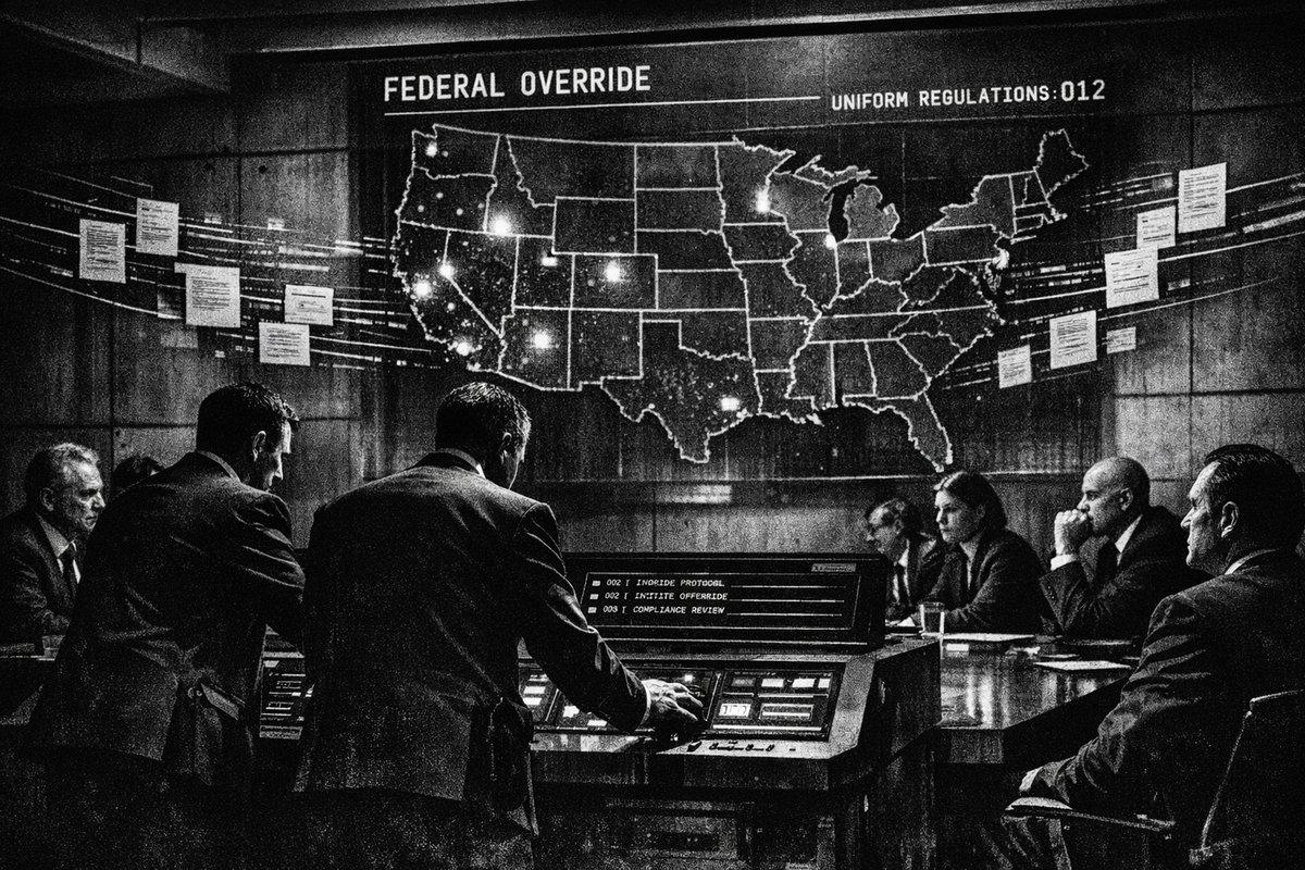 Split image showing federal government building and state capitol buildings representing the regulatory tension between federal AI policy and state laws