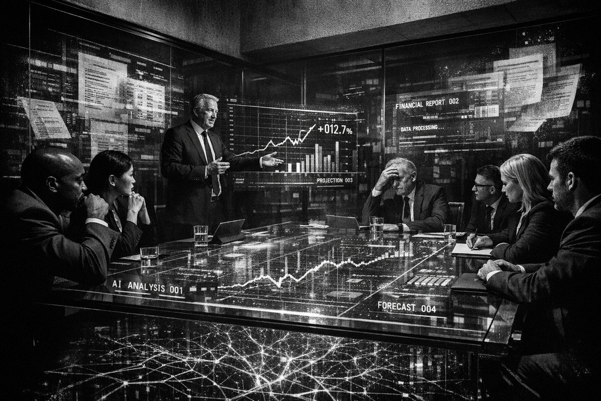 Business professionals working with AI technology and financial data analytics in modern office setting