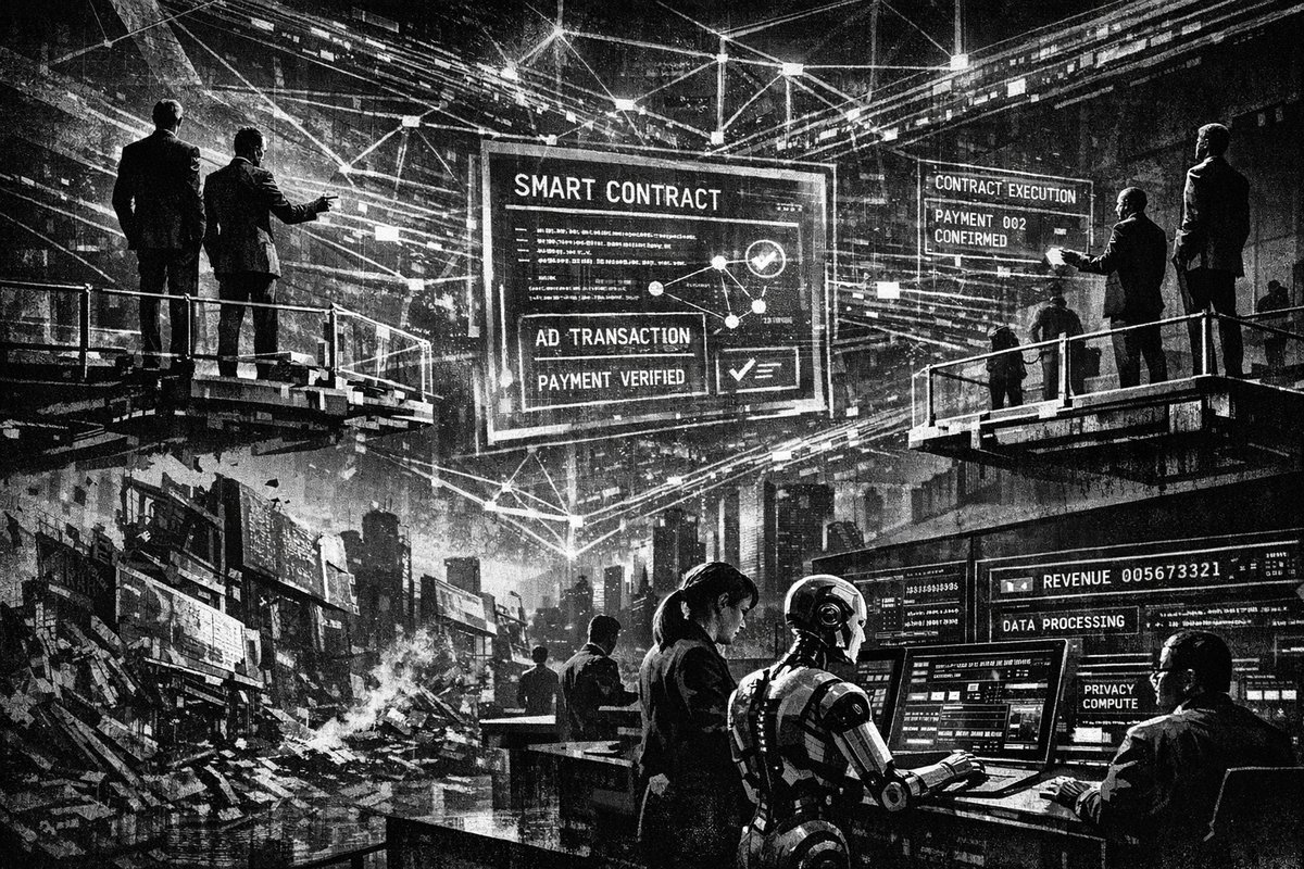 Abstract visualization of blockchain networks connecting advertising stakeholders with AI and smart contract elements