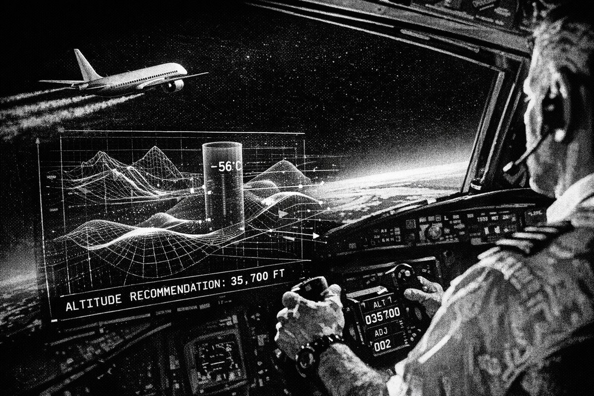 Commercial aircraft flying through clear blue sky with minimal contrail formation, representing AI-optimized flight paths that reduce environmental impact