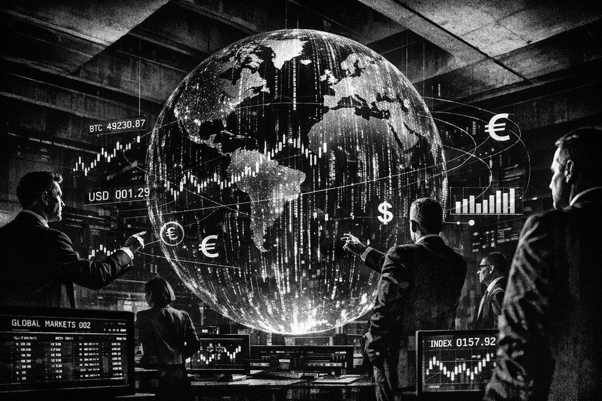 Digital world map showing global financial data streams and AI-powered analytics connecting markets across continents