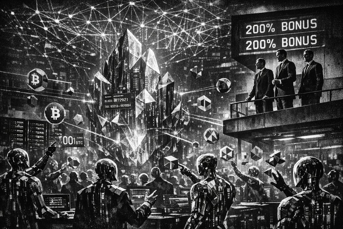 Abstract digital visualization showing AI neural networks interconnected with blockchain nodes and cryptocurrency symbols