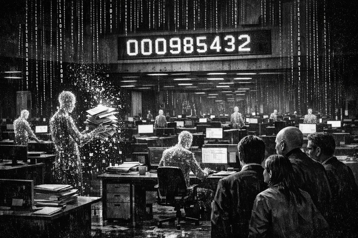 Government office building with digital overlay showing AI automation processes and workforce statistics