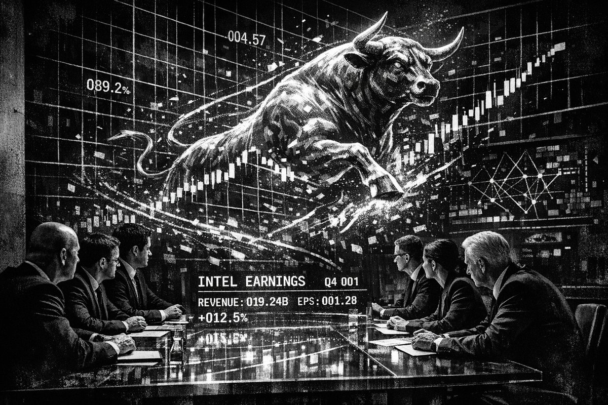 Intel corporate logo and stock chart showing upward momentum following quarterly earnings announcement