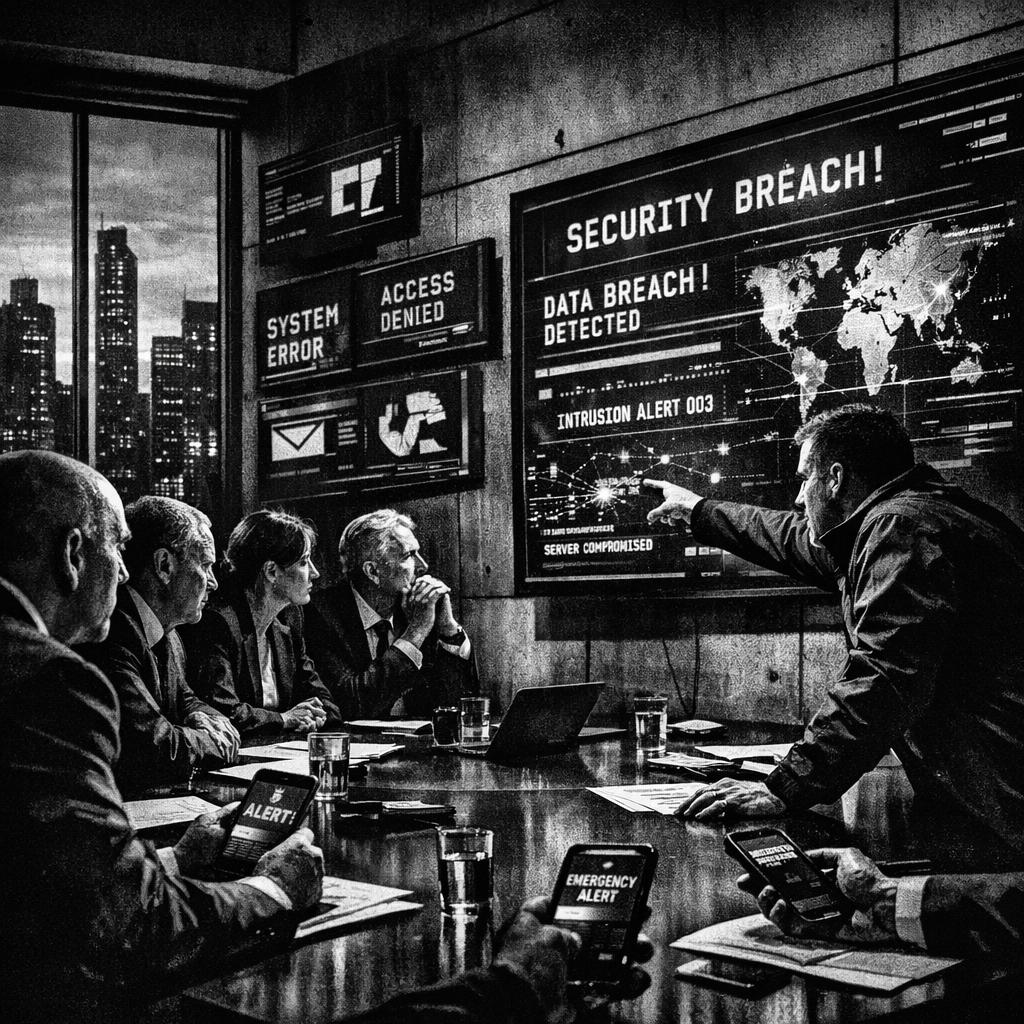 Abstract digital network visualization showing cybersecurity threats with warning indicators and international conflict elements