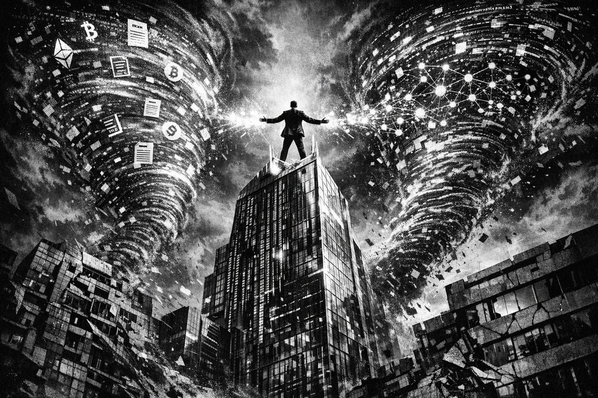 Jamie Dimon speaking at a financial conference with blockchain and AI technology graphics in the background