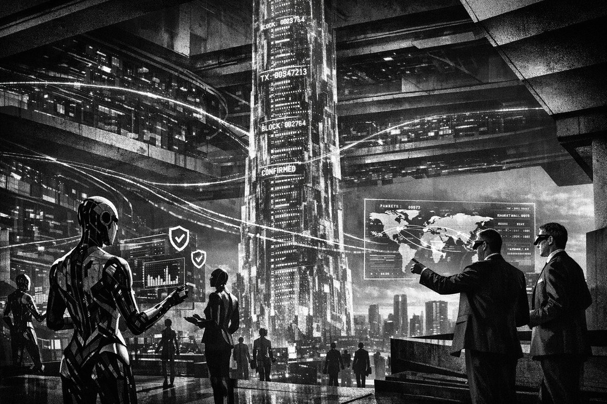 Futuristic digital marketplace interface showing blockchain nodes, AI symbols, and cryptocurrency transactions in a decentralized commerce network