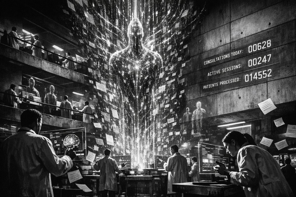 Digital visualization showing interconnected network of doctors and AI systems representing one million clinical consultations in healthcare technology