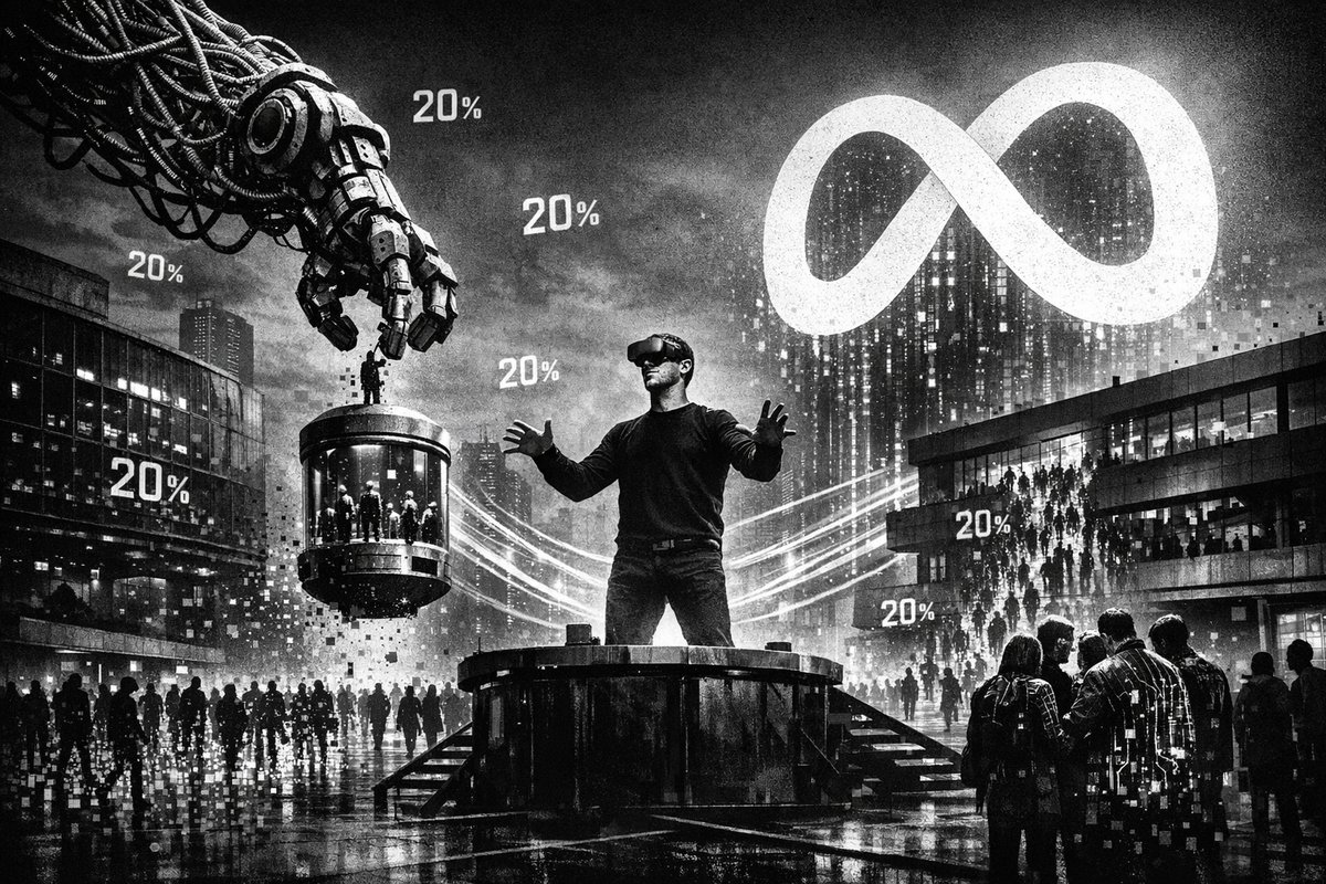 Meta headquarters building with digital AI network overlay symbolizing workforce automation and technological transformation