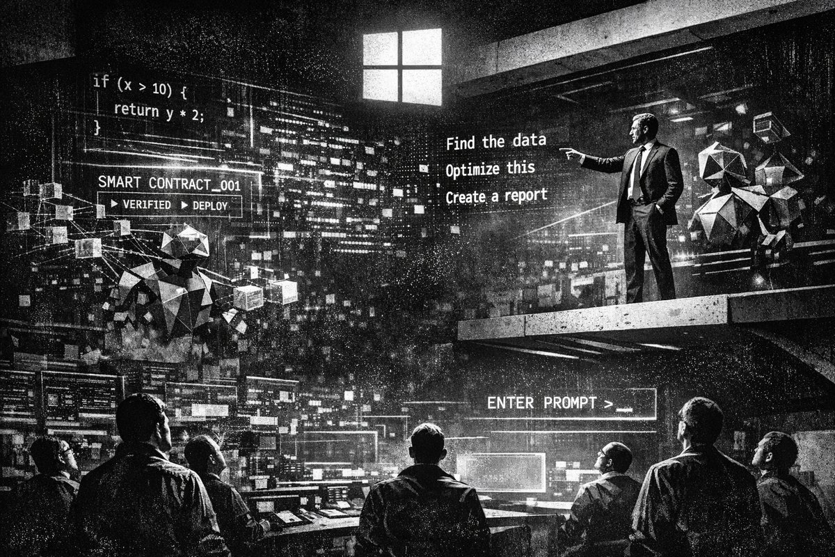 Abstract visualization of AI transforming blockchain development with interconnected nodes and code elements