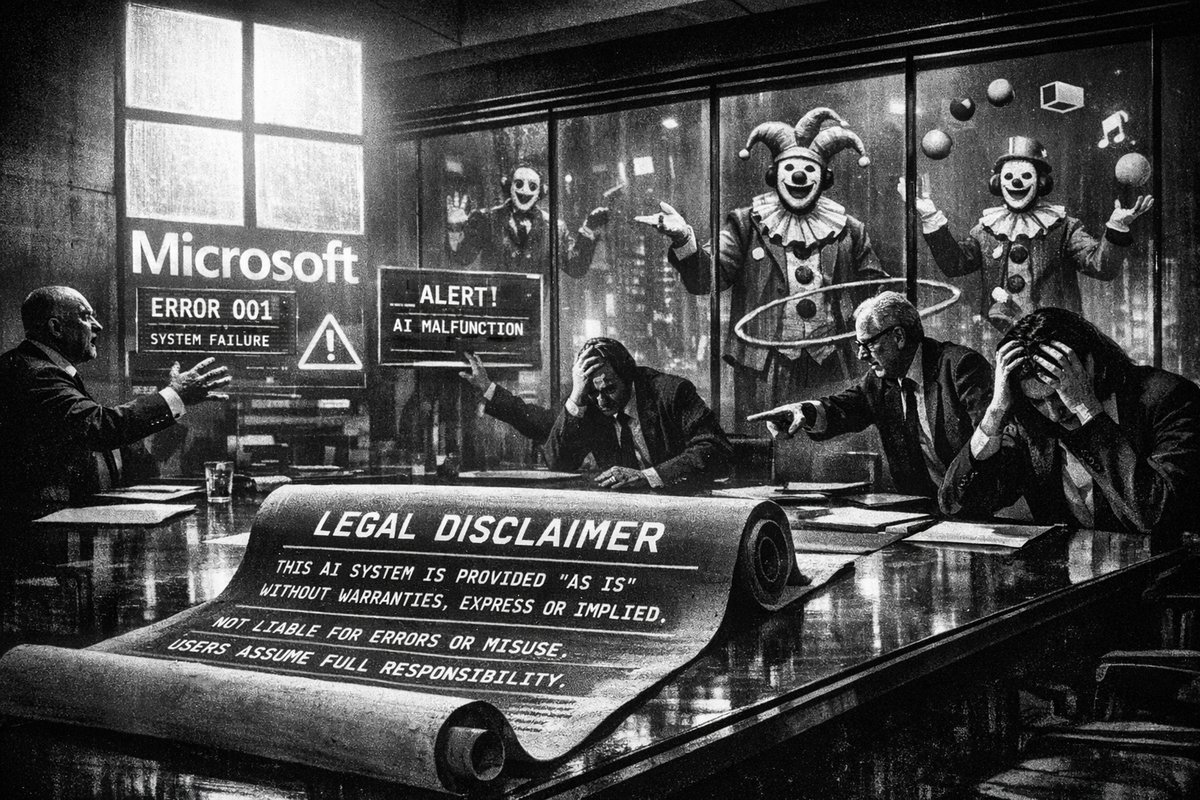 Microsoft Copilot interface on a computer screen with warning symbols, illustrating the disconnect between AI marketing and legal disclaimers