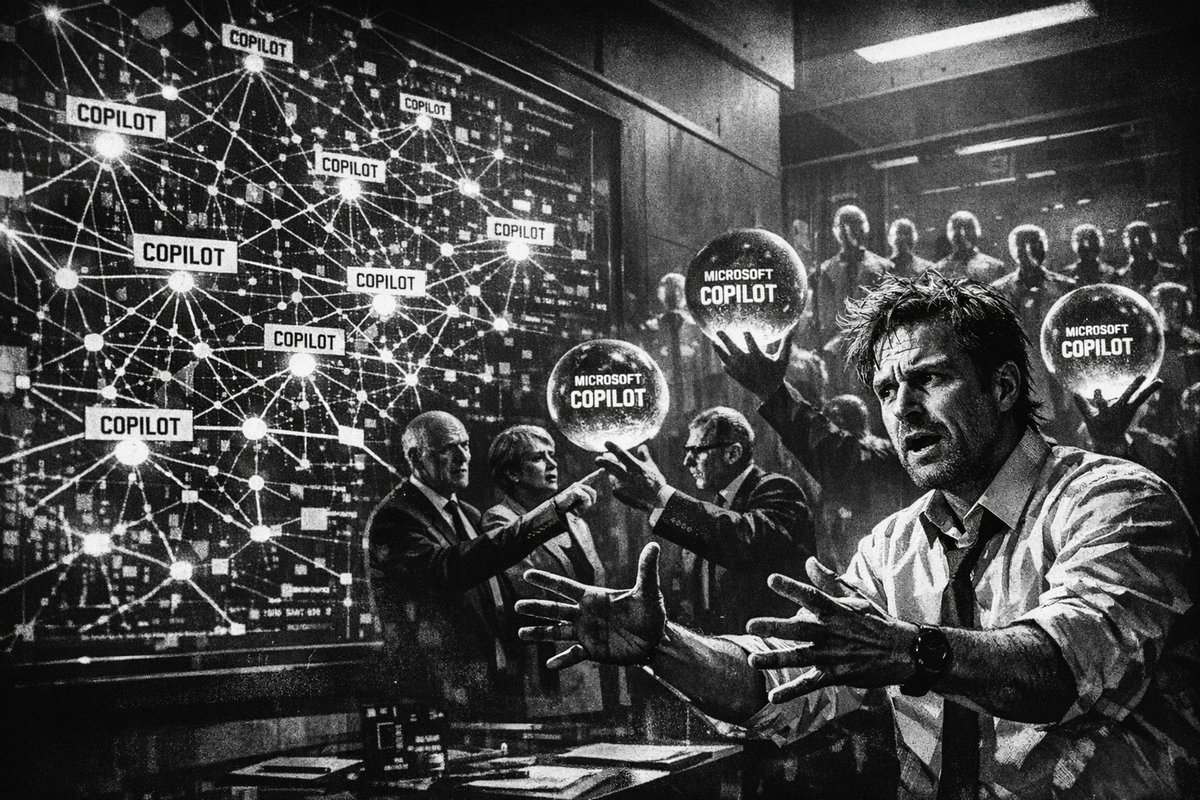 Chaotic diagram showing dozens of Microsoft Copilot product variants scattered across a confusing organizational chart