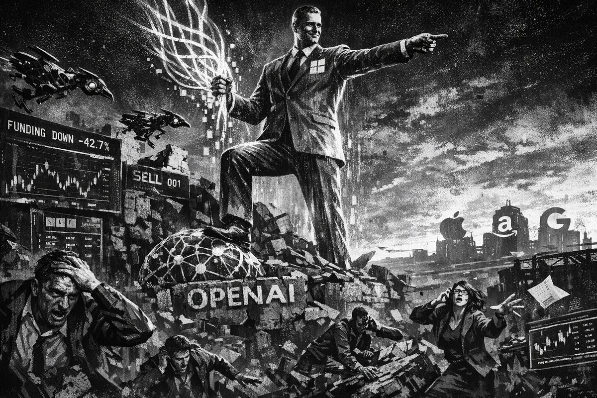 Microsoft and OpenAI logos with financial charts and AI infrastructure imagery showing strategic partnership success