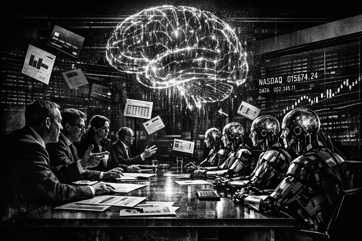 Financial professionals working with AI systems and banking technology in a modern office environment