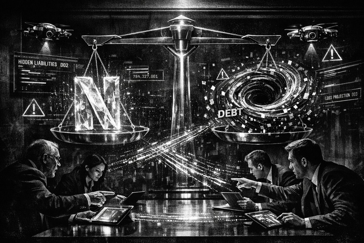 Netflix logo with financial charts and debt graphics showing hidden liability concerns