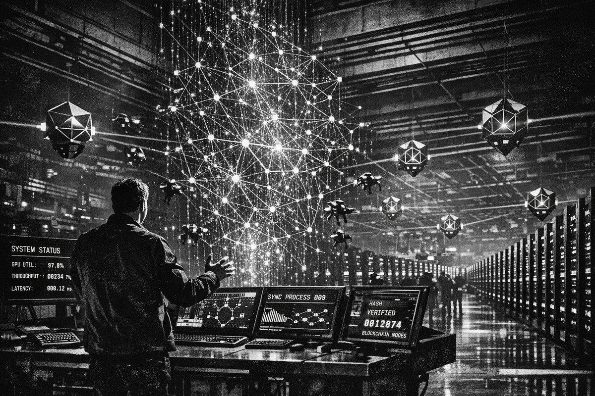 Abstract visualization of neural networks connected through blockchain nodes, representing decentralized AI architecture search