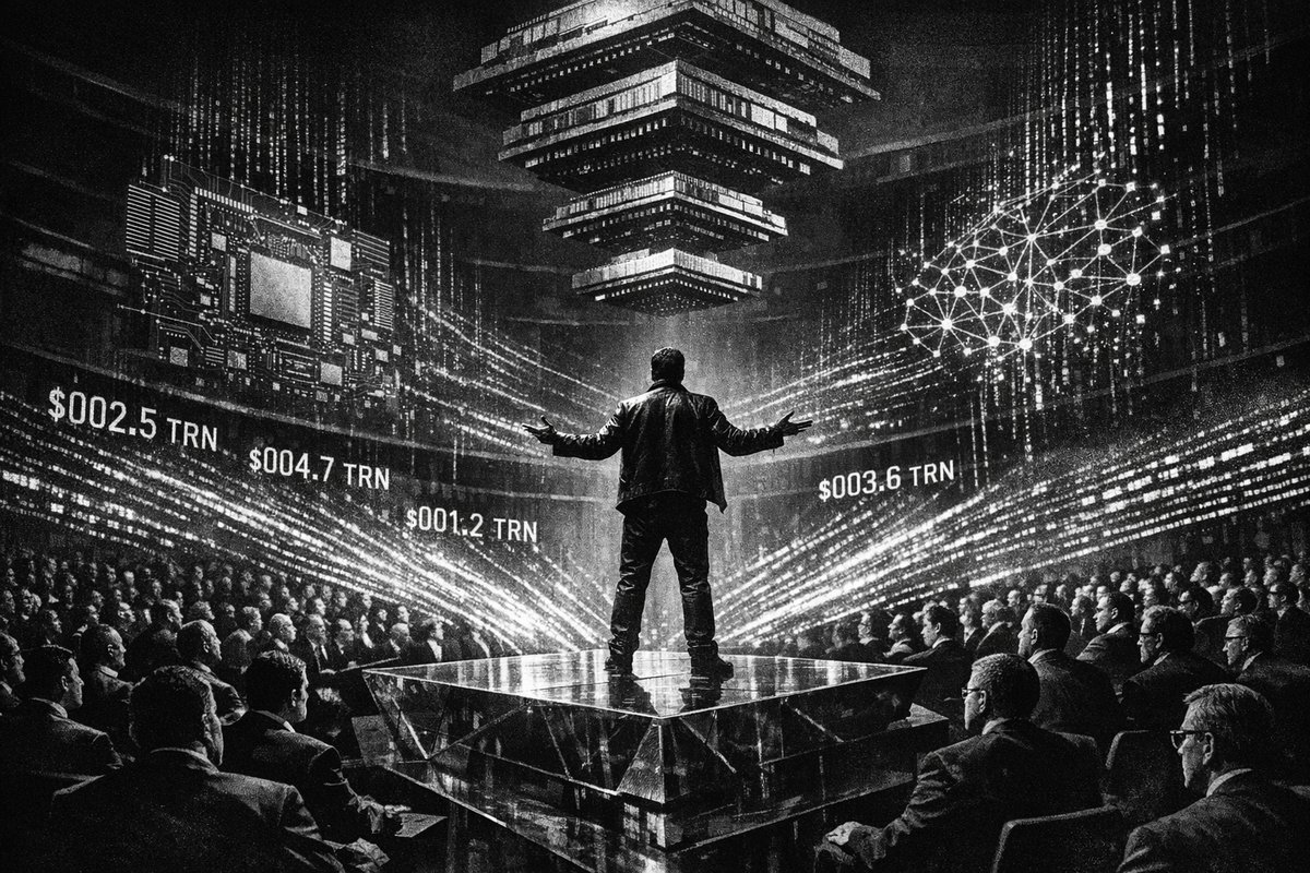 Jensen Huang presenting at Nvidia GTC conference with AI infrastructure graphics and chip technology displays in background