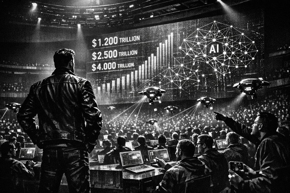 Nvidia CEO Jensen Huang presenting at GTC developer conference with AI graphics and revenue projections displayed on large screens