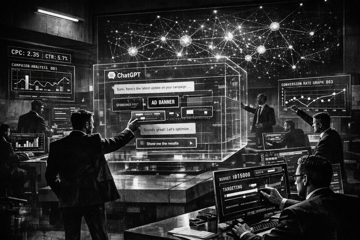 OpenAI ChatGPT advertising platform interface showing self-serve ads manager dashboard with campaign creation tools