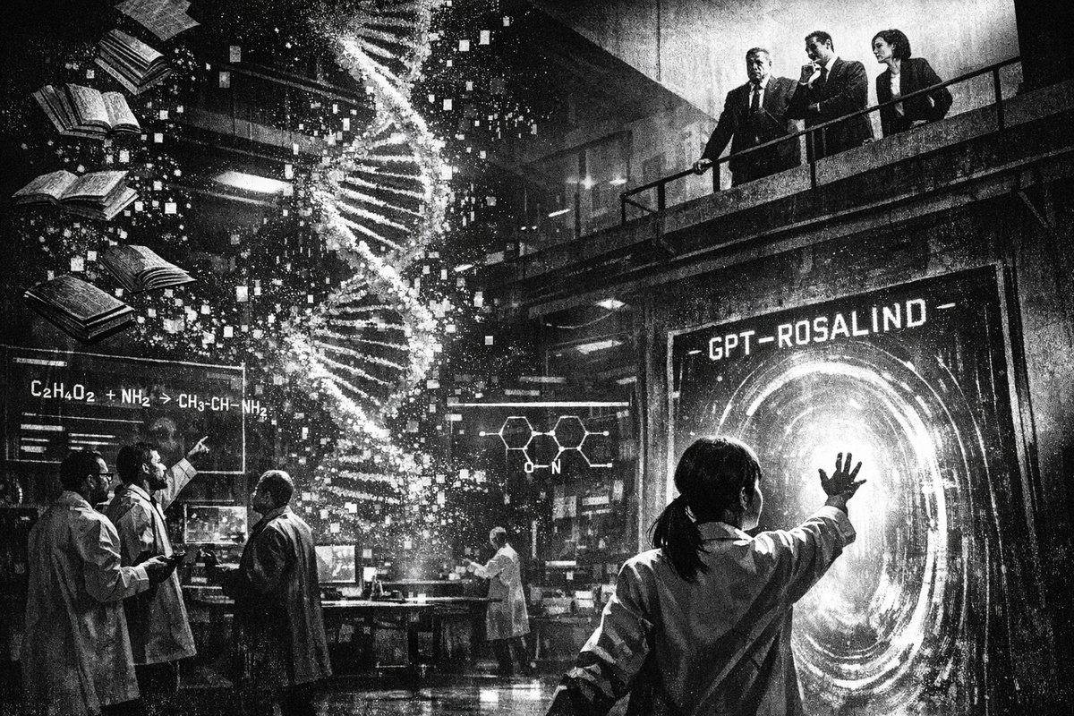 Futuristic laboratory with AI-powered drug discovery systems, DNA helixes, and computer interfaces representing biotech innovation