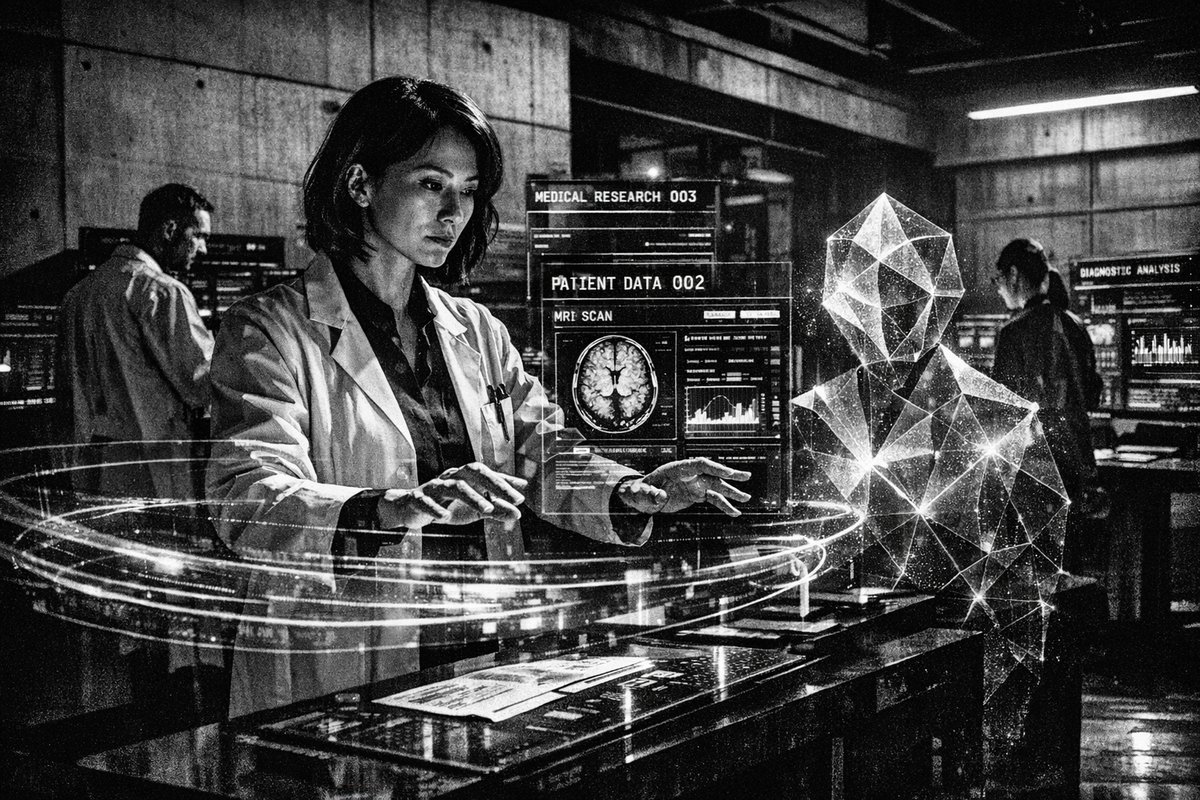 Healthcare professional using AI technology on tablet device in modern medical setting with digital interfaces and clinical data visualizations