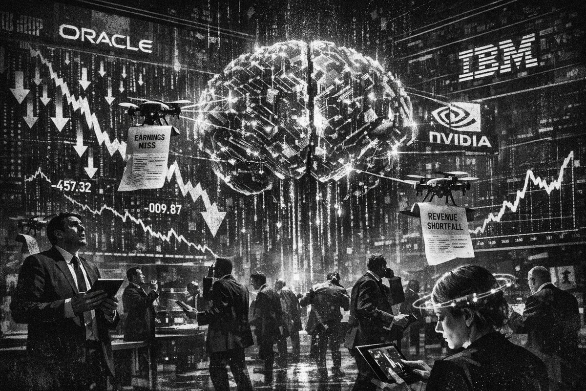 Stock market charts showing declining AI and technology stocks with OpenAI logo in background