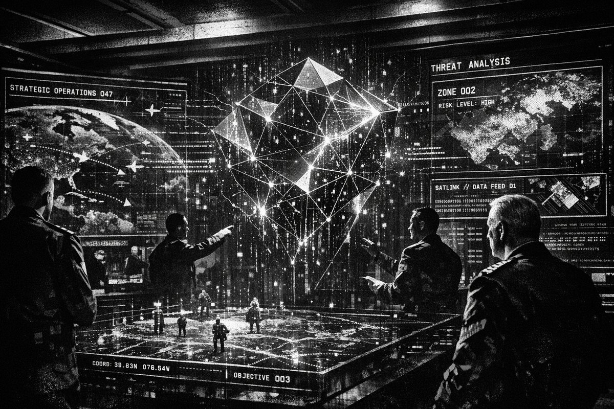 Futuristic military command center with AI interfaces and data visualization screens showing global defense operations