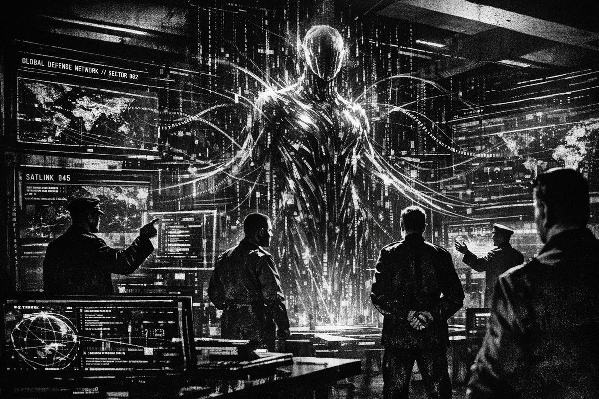 Military command center with AI data visualization screens showing global intelligence operations and strategic planning interfaces