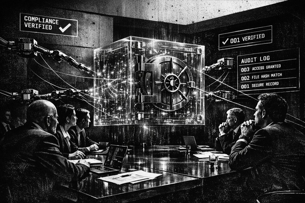 Abstract visualization of interconnected nodes and cryptographic elements representing privacy-preserving AI architecture with blockchain integration