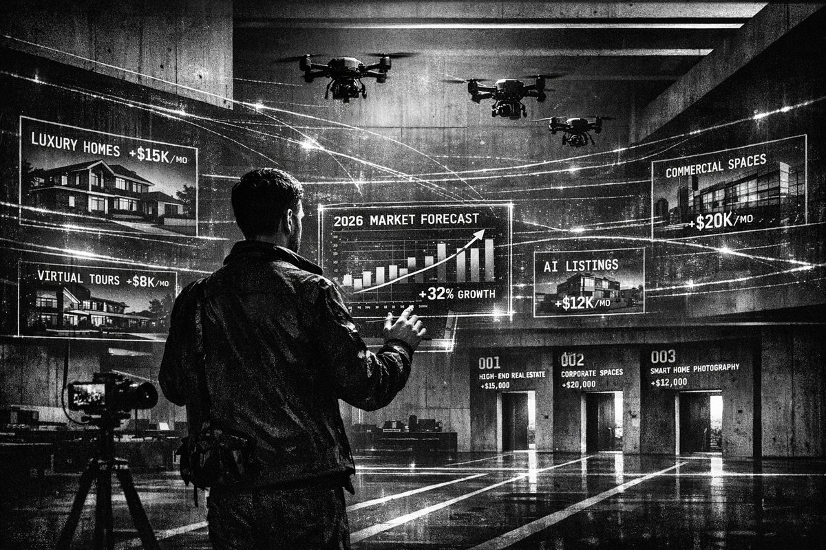 Professional real estate photographer using advanced camera equipment to capture luxury property interior with dramatic lighting and composition