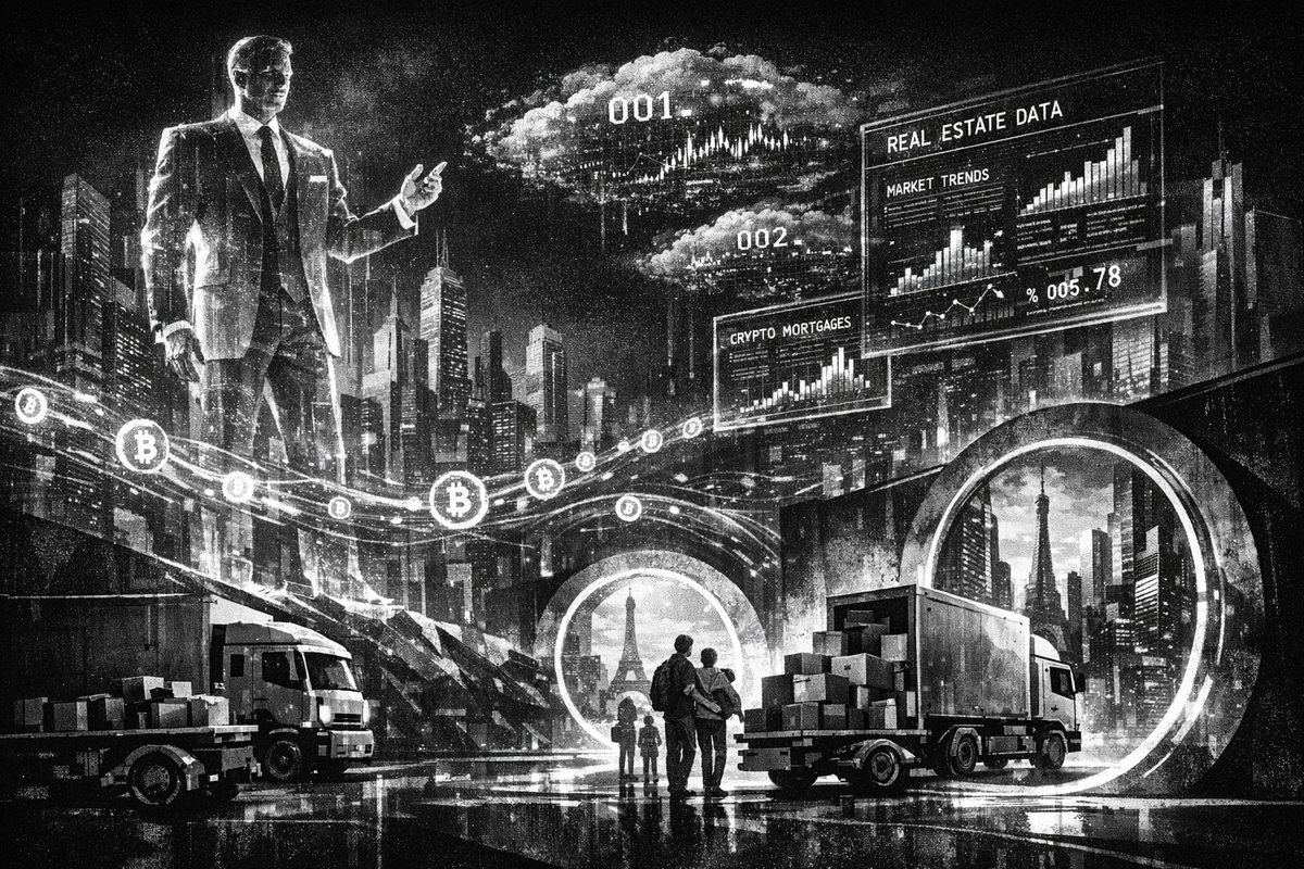 Modern real estate investment dashboard showing property data analytics, cryptocurrency integration, and global market trends