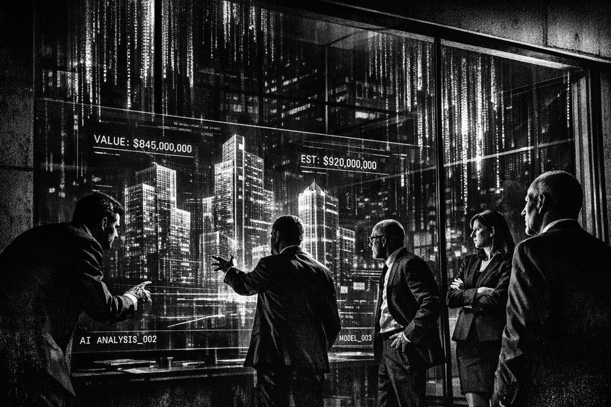 Modern commercial building with digital overlay showing AI integration and data visualization in real estate technology