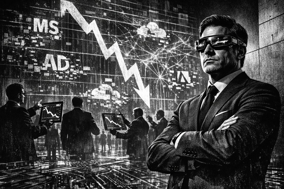 Declining stock chart with software company logos overlaid, representing the dramatic fall in software stock valuations