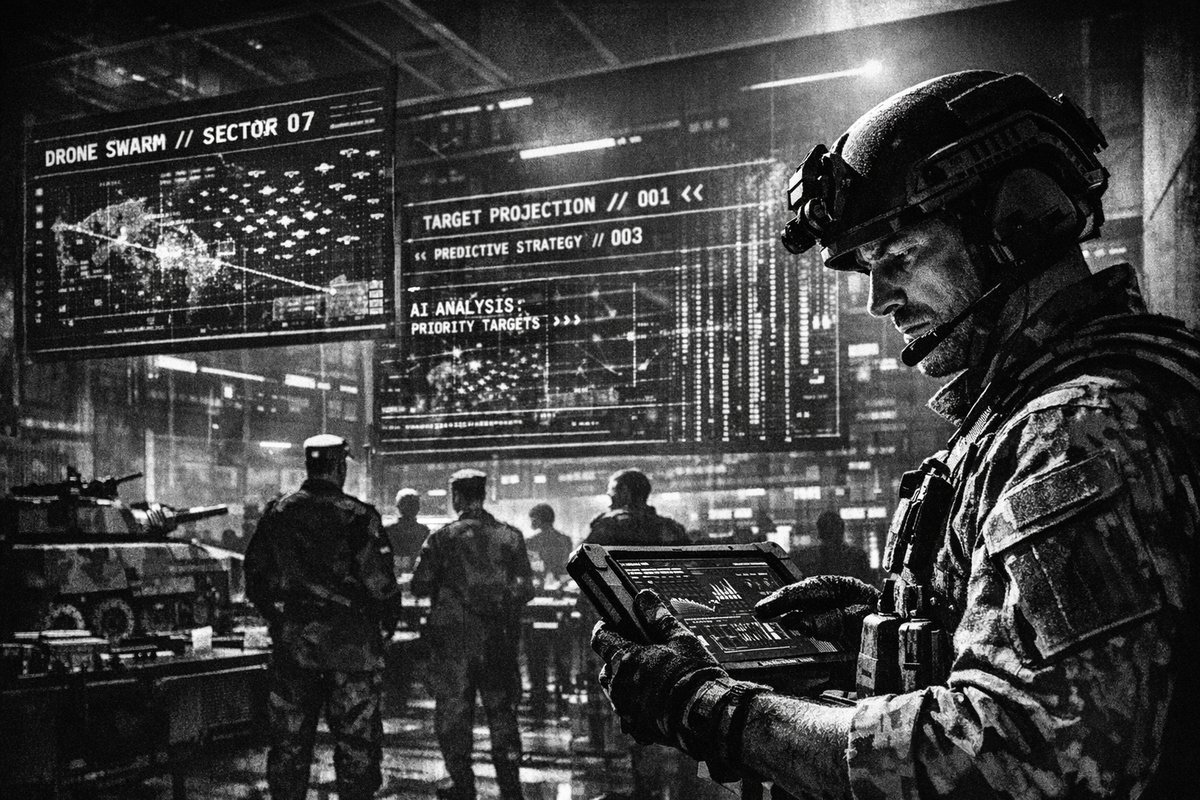 Digital visualization of AI-powered military systems and blockchain networks overlaying a strategic battlefield map