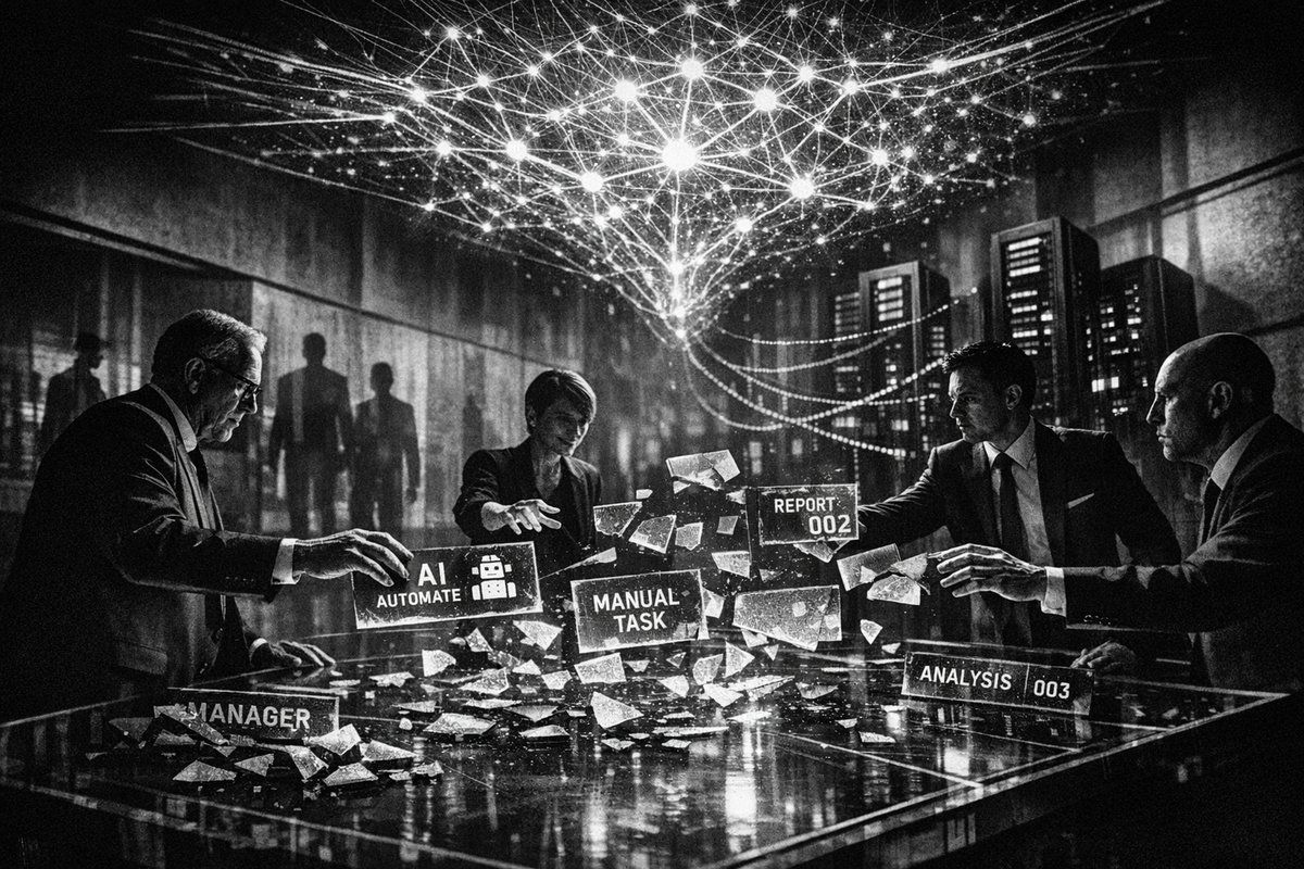 Business professionals analyzing AI transformation dashboard with interconnected workflow diagrams and performance metrics