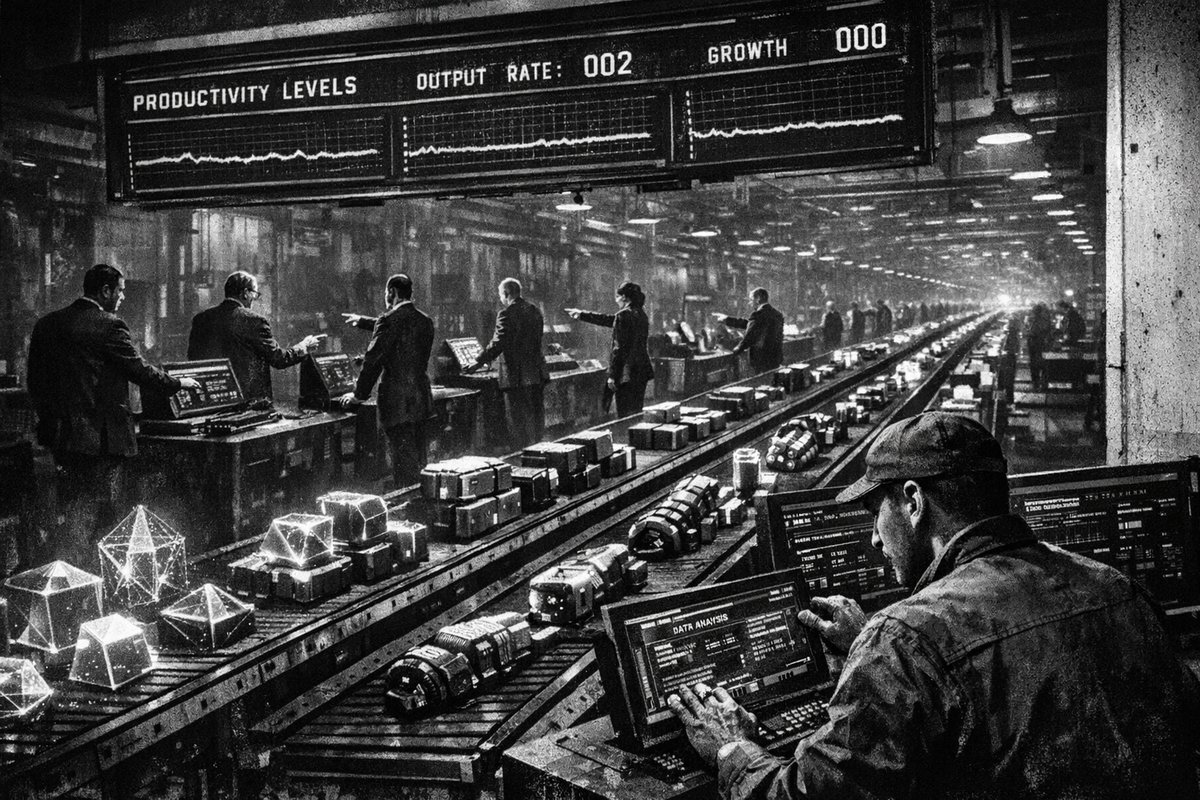 Business professionals analyzing AI productivity data on multiple computer screens in a modern office setting