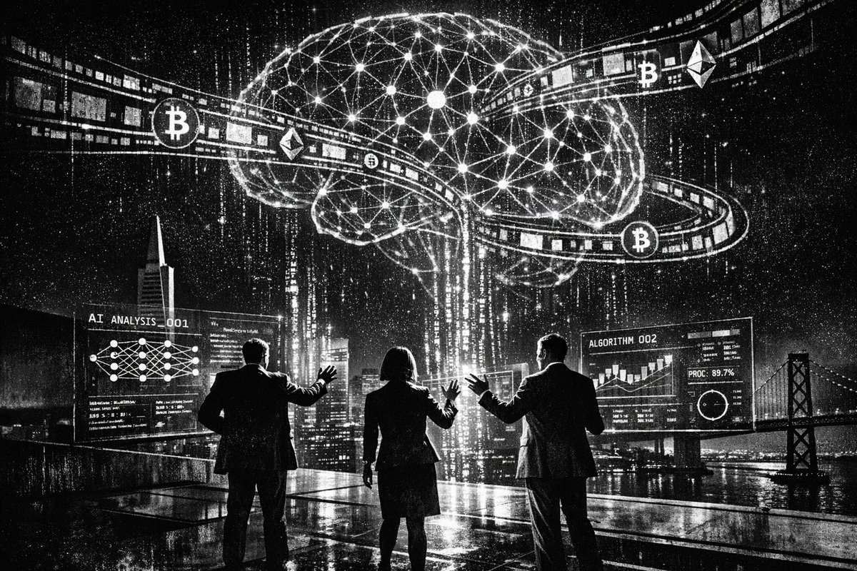 Futuristic digital illustration showing AI neural networks connecting with blockchain nodes in a tech-inspired San Francisco cityscape