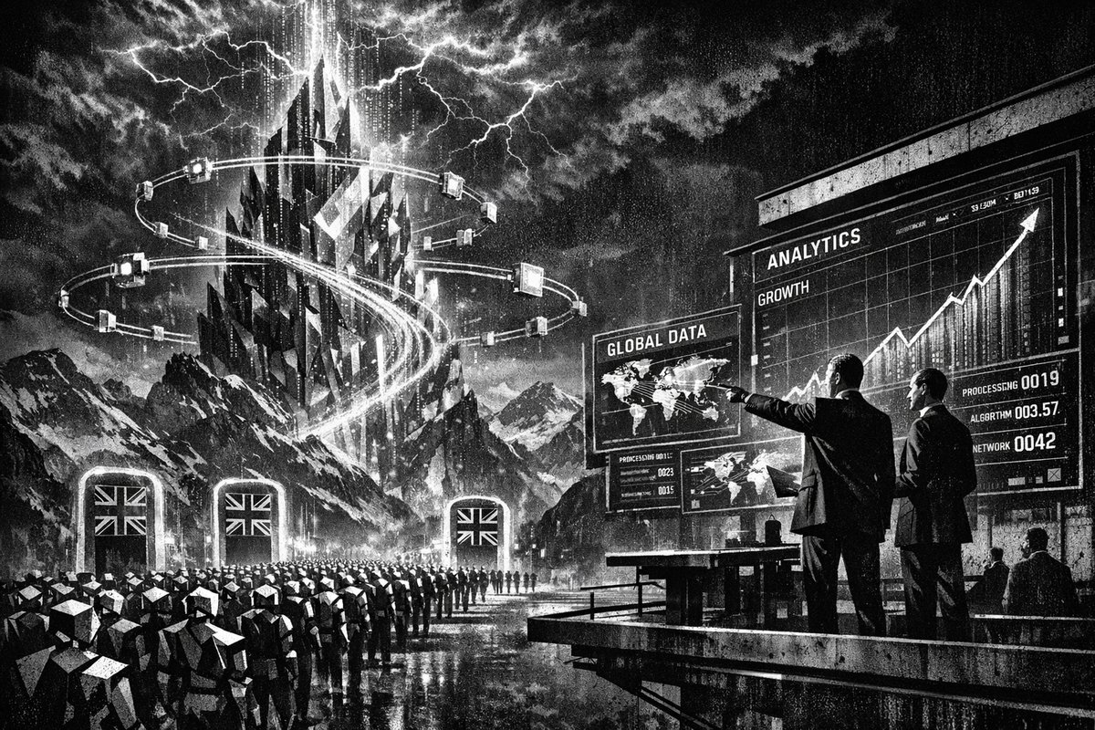 Abstract digital network visualization showing AI and blockchain technology integration with UK and Swiss elements