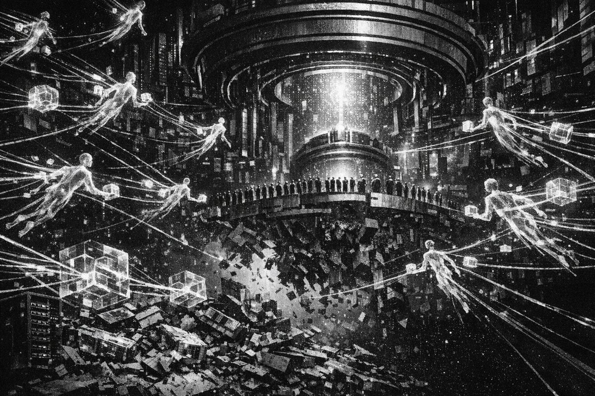 Futuristic blockchain network visualization with AI agent nodes and data flows representing decentralized infrastructure